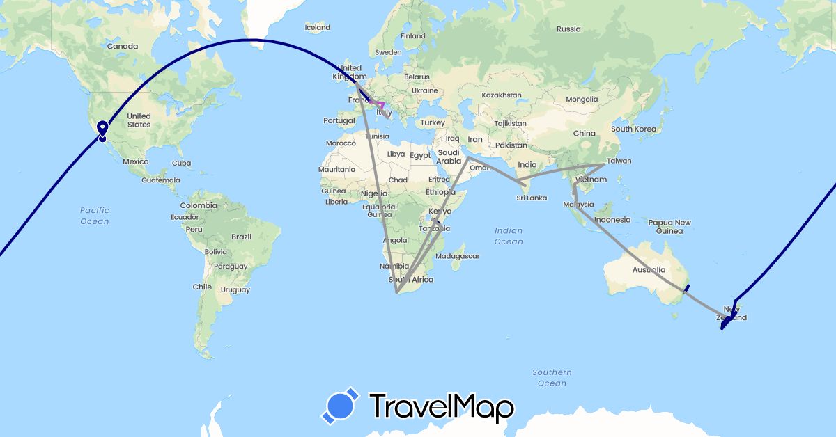 TravelMap itinerary: driving, plane, train in Australia, France, United Kingdom, Hong Kong, Indonesia, India, Italy, Malaysia, New Zealand, Qatar, Thailand, Tanzania, United States, South Africa (Africa, Asia, Europe, North America, Oceania)